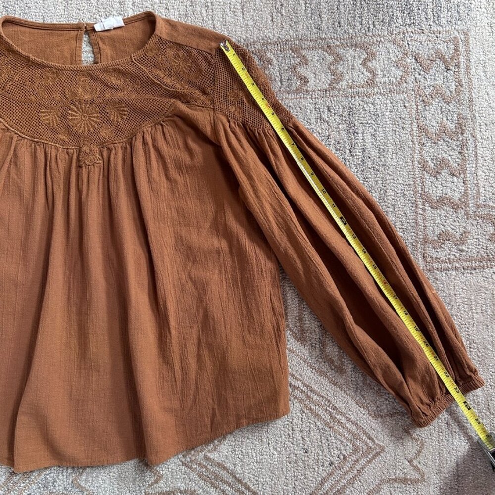 Brown Embroidered Lace Yoke Peasant Blouse Cotton Boho Folk Anthropology women L - Picture 13 of 16